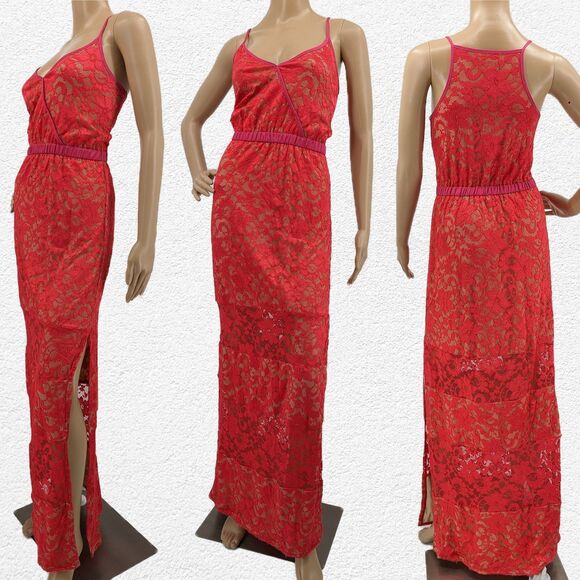 Vintage y2k ABS Allen Schwartz Maxi Dress Floral Lace Slit Pink Wrap Size Small - Picture 2 of 11